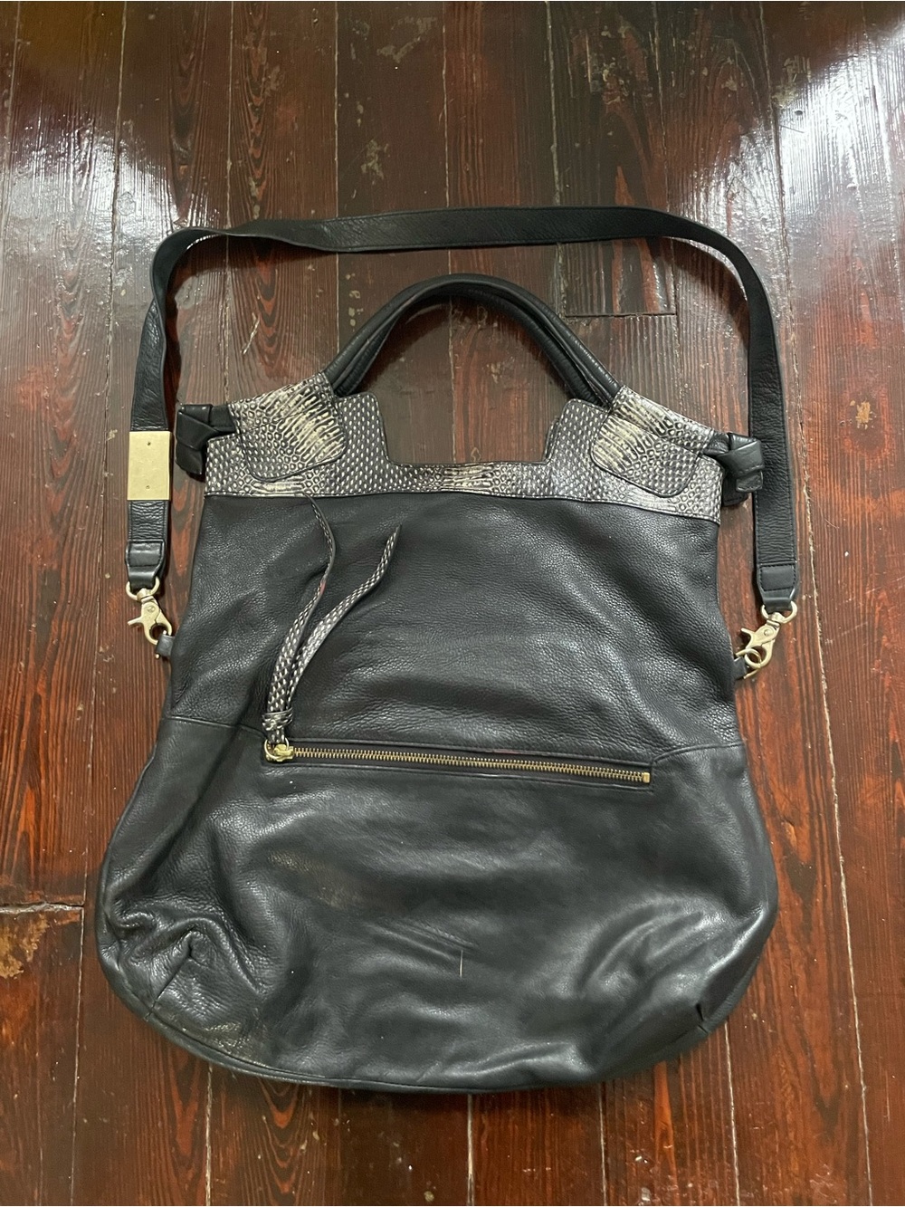 Foley + Corinna Black Leather Tote with Snake-Print Trim